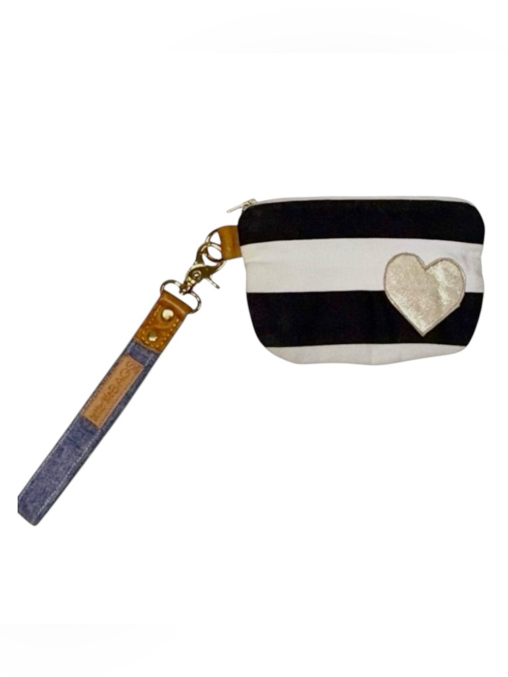 Betterlife Bags Striped Zip Pouch with a Denim Wrist Strap, Black White Blue
